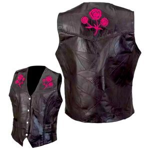 Live Ride Rock Buffalo Leather Black Motorcycle Vest Pink Rose Cutouts sz Medium